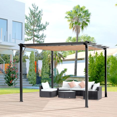 Pergola-tonnelle avec toit en toile réglable, 3 x 4 m, Auvent de terrasse, Pare-soleil en aluminium, Abri pour terrasse et jardin, Gris + Marron (1/5)