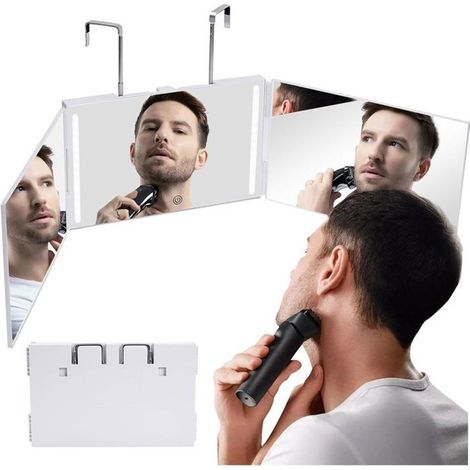 Miroir 360° Coiffure Homme Femme LED 3 Faces avec Crochets Portable Pliable Hauteur Réglable pour Coiffure, Rasage, Maquillage (1/4)