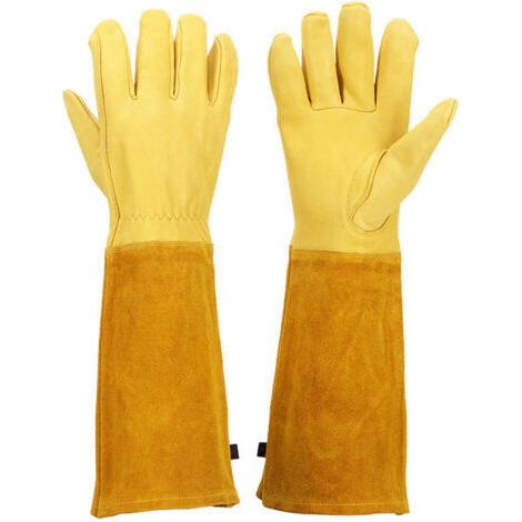 Gants de jardinage Gauntlet pour femmes et hommes, gants d'élagage respirants pour roses avec gantelet anti-épines, manches longues en cuir de vachette durable Gants de jardin (L, Jaune)