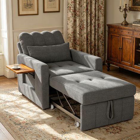 Fauteuil convertible 1 place avec tablette latérale et rangement, tissu chenille, dossier 5 positions, compact pour petit espace, gris moyen