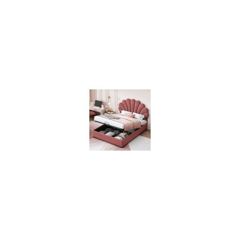 Lit enfant tapissé 140 x 200 cm – Tête de lit fleurie réglable – Rangement sous le lit – Tissu velours doux rouge (1/5)