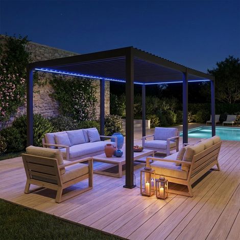Pergola Bioclimatique électrique 3x6m anthracite. aluminium. à lames orientables avec éclairage LED