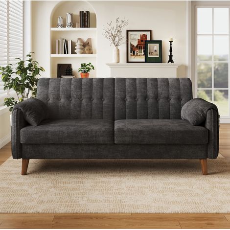 Sofá 2 plazas de chenilla gris oscuro con cojines extraíbles y bolsillos laterales OKMYHOME (1/5)