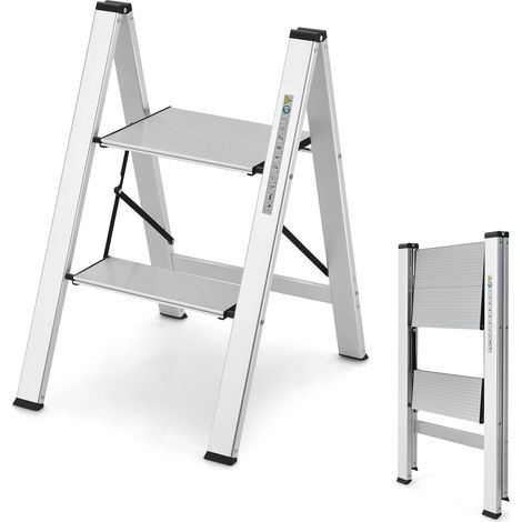 COSTWAY Escalera de 3 Peldaños, Taburete Plegable de Aluminio hasta 150 KG con Pedal y Almohadillas de Pie Antideslizantes, Marco de Aluminio Fuerte y Ligero, Plegable Portátil para Hogar (3 Peldaños) (1/5)