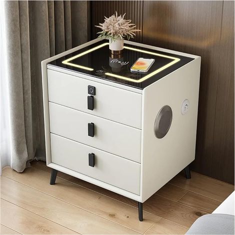 Table de chevet intelligente luxueuse à trois tiroirs en bois massif, chambre compacte, accents en cuir, chargement sans fil intégré(Off white,45x40x60cm) (1/3)