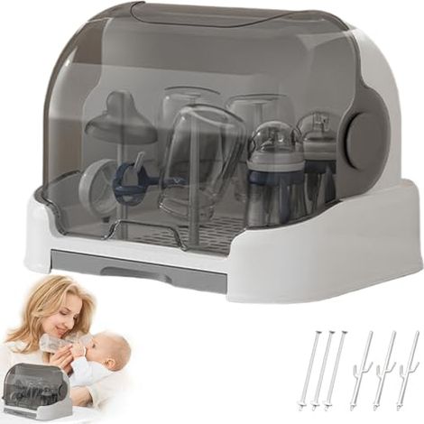 Rangement de biberon, Bouteille de séchage à Bouteille avec Couvercle & Plateau vidange Amovible, séchoir à Support pour bébé poussière pour Les Accessoires Gris, séchage (1/5)