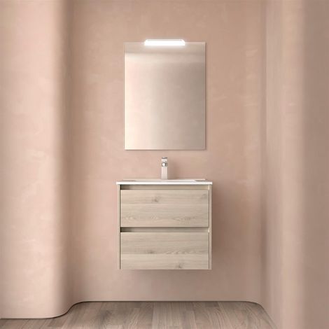 Meubles de salle de bains NOJA 700 2 tiroirs NATUREL + meuble-lavabo + miroir (1/2)