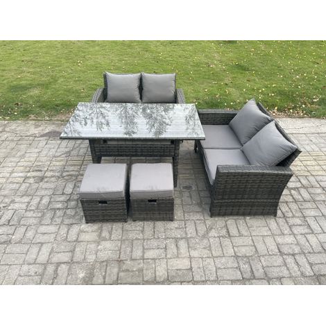 Fimous 6 Seater PE Wicker Rattan Garden Furniture Set Love Sofa Outdoor Rectangular Dining Table 2 Small Footstools Dark Grey Mixed (1/5)