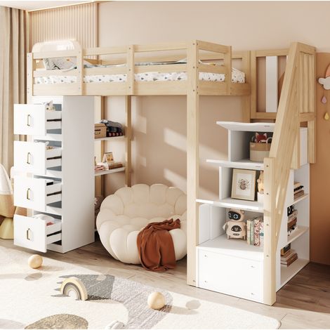 DESVIAE Lit mezzanine 90 x 200 cm en bois naturel avec 4 tiroirs de rangement étagère 3 niveaux échelle sécurisée avec tiroirs sommier à lattes pour chambre enfant et adolescent (1/5)