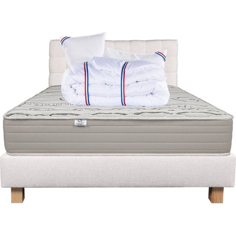 Ensemble Matelas Organic Cotton 24cm ferme face été/hiver+sommier beige ep20cm+oreiller+couette+Tête de Lit, 140x190cm (1/5)