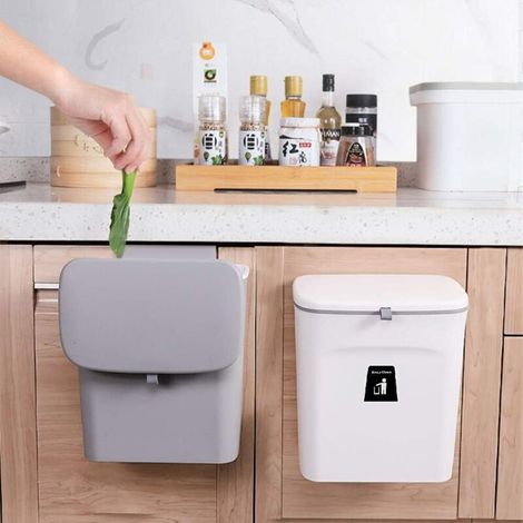 Poubelle à suspendre avec couvercle pour porte d'armoire de cuisine ou sous évier, comptoir de bac à compost de cuisine, poubelle à monter, gris