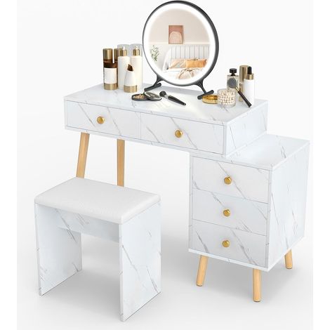 COSTWAY Coiffeuse avec miroir LED amovible, armoire latérale et tabouret rembourré, coiffeuse avec 3 modes d'éclairage, 5 tiroirs, coiffeuse aspect marbre et pieds en bois, 100 x 45 x 116,5 cm (1/4)