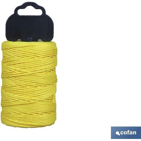 COFAN blister trencilla poli/8842 1.5mm 100 mts amr , Trenza o hilo de albañil de 1,5mm en polipropileno de gran tenacidad en color amarillo. Trenza en blíster de 50, 100 y 200 met