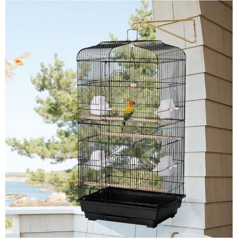 – Cage pour oiseaux 46 x 36 x 92 cm – 4 mangeoires – 3 perchoirs en bois – Accès facile avec 2 grandes portes – Écartement vertical 10 mm (1/5)