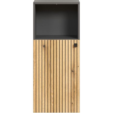 Meuble de salle de bain 1 porte 40x31x95 cm naturel et gris - FRUTZ (1/5)