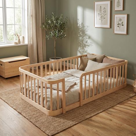 Parc pour bébé modulaire en bois naturel 90 x 200 cm, espacement sécurisé des barreaux de 7 cm, bords arrondis, sol anti-pincement