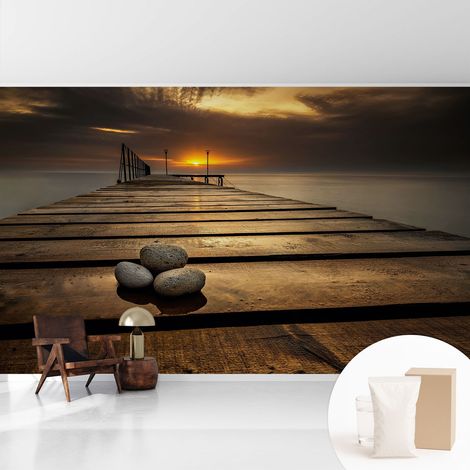 Papier peint intissé décoratif pour chambre et salon Design moderne à poser facilement - Colle incluse gratuite Coucher de soleil 416x254 cm (1/5)