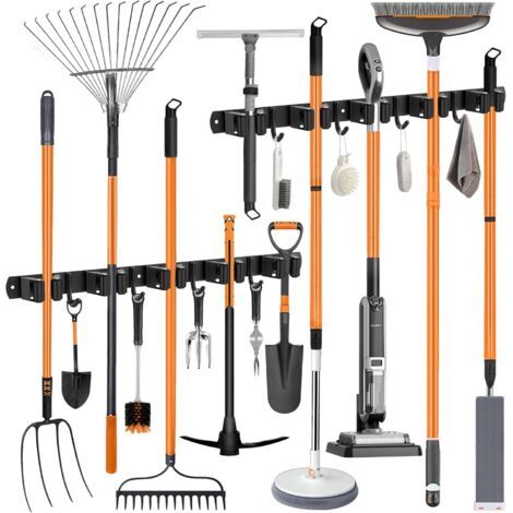 2 Supports Muraux Balais, 10 Pinces Acier Inoxydable, 8 Crochets Outils, Sans Percer Adhésif, Cuisine Garage Jardin (1/5)