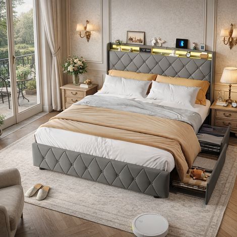 Lit 140x200 avec Sommier LED et USB, Lit capitonné avec 4 Tiroirs de Rangement, Lit Double avec sommier à Lattes, Lit 2 Place pour Enfant Adolescent, sans Matelas, Gris (1/5)