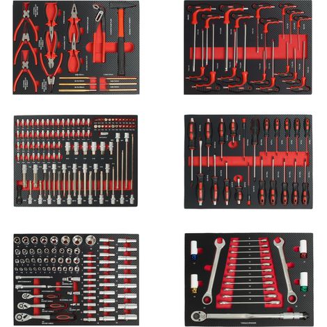 6x Werkstatteinlagen 520 x 400 mm bestückt mit 254 Teilen Chrom-Vanadium Werkzeug rot