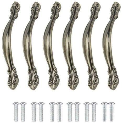 6 Pieces Vintage Furniture Handles - For Door, Furniture, Kitchen, Wardrobe, Drawer, Cupboard - Carved Alloy - With Screws, 96mm Hole Center (1/5)