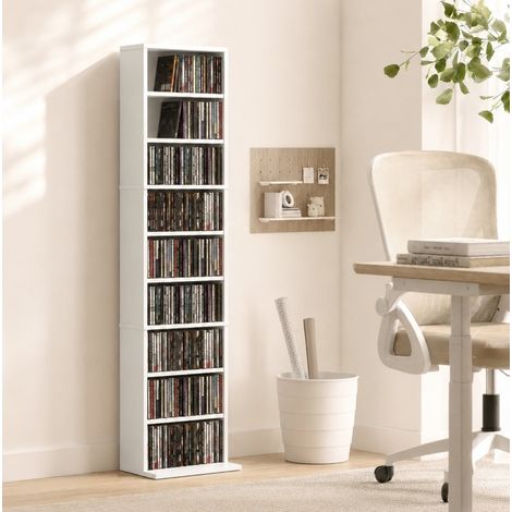 MODFU – Meuble rangement CD/DVD 33x24x140 cm bois – 6 étagères réglables – 260 CD ou 120 DVD et 15 kg – Salon – Blanc (1/5)