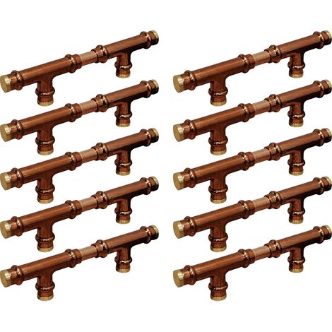 Lot de 10 - Poignée Matière Cuivre Laiton "Rétro Té" Entraxe 96 mm Ø12 - Arcanaute (1/4)