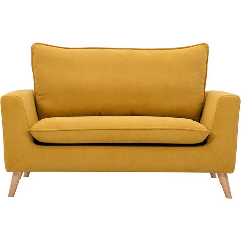 Skandinavisches Sofa aus senfgelbem Stoff mit Samteffekt und hellem Holz 2-Sitzer JONAS