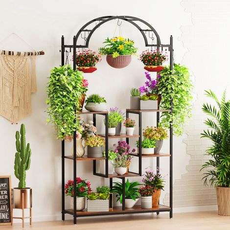 5-Tier Extra Large Tall Plant Stand Arched Metal Plant Shelf with Hanging Hooks (1/5)
