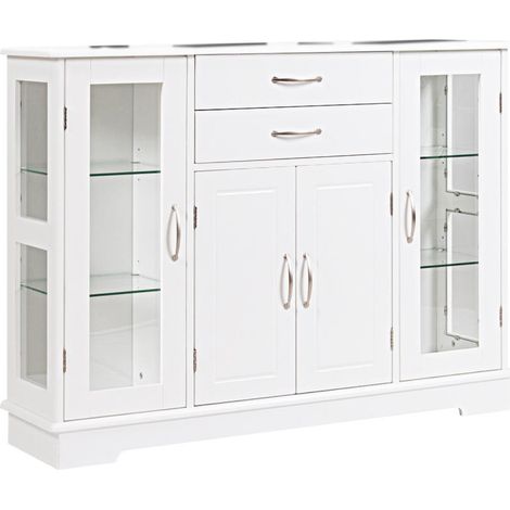 Buffet de rangement avec 2 tiroirs et portes vitrées, grand espace de stockage, blanc, cuisine et salle à manger (1/5)