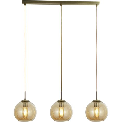 Suspension métal verre fumé E27 H : max 150 cm en laiton antique ambre abat-jour boule 3 lampes