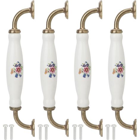 Ej.Life Lot de 4 poignées en céramique vintage blanc tiroir/commode/armoire tire poignée en alliage de zinc bouton de porte d'armoire de cuisine quincaillerie de meubles, espacement de 160 mm (1/4)
