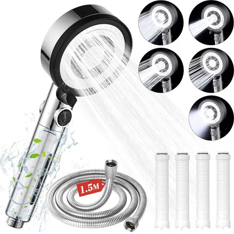 Pommeau de Douche Haute Pression, Pommeau de Duche Economie Deau avec Tuyau Douche 1.5M, Pommeau Douche Anti Calcaire avec Filtre 4 Types de Jets avec Bouton D'arrêt D'eau (1/5)