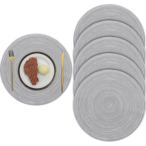 Lot de 6 sets de table tissés 38 cm, ronds, lavables, antidérapants et résistants à la chaleur (gris). (1/5)