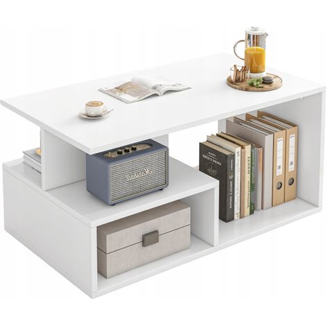 Moderner weißer Couchtisch mit Ablagefläche für Wohnzimmer oder Loft, 90 cm (1/5)