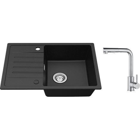 Lavello cucina con gocciolatoio Nero 65 x 45 cm Lavello incasso Due sensi di installazione + Miscelatore cucina con doccetta Estraibile - 2 Getti a scelta - Spazzolato