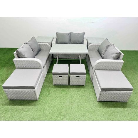 Fimous 10 Seater Patio Garden Furniture Sets with Dining Table Love Sofa 2 Side Tables 4 Stools Light Grey (1/4)