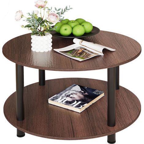 Table basse ronde, 2 étagères, table de salon, table d'appoint, table canapé pour salon, chambre à coucher, structure en métal/plateau MDF, 60 x 60 x 48,5 cm (1/5)