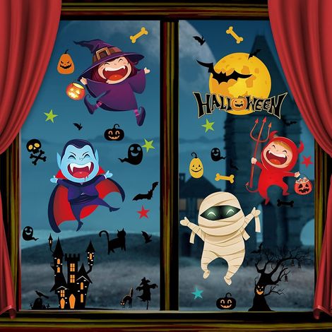 Halloween-Fensteraufkleber, Wandaufkleber, Party-Dekorationen, Schaufenster, doppelt sichtbar, bunte statische Etiketten, wiederverwendbar, zum Selbermachen, entfernbar, 8 Blätter, 21 x 29,5 cm