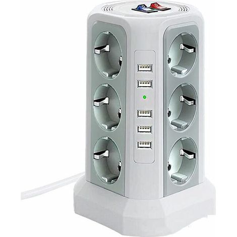 Multiprise tour parafoudre 12 prises CA et 5 ports USB – Protection 1500J – Câble 2m avec interrupteurs indépendants – Blanc (1/4)