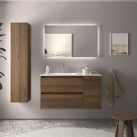 Cygnus Bath – Meuble de salle de bain 90cm Noyer – Vasque en porcelaine blanche – Tiroirs à fermeture amortie – Finition résistante à l'humidité (1/5)
