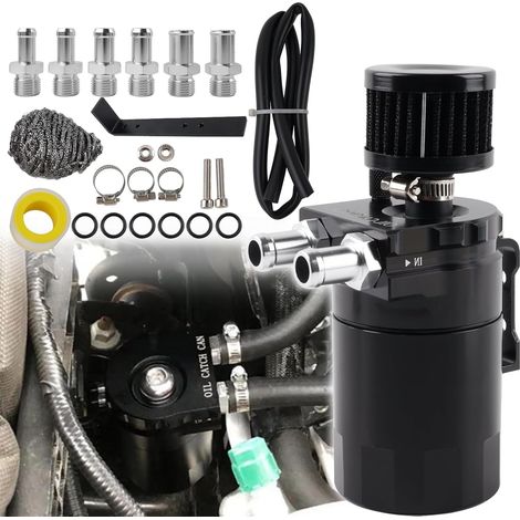 Récupérateur d'huile universel, 300 ml en aluminium, réservoir séparateur d'huile avec filtre pour systèmes PCV non montés (noir) (1/5)