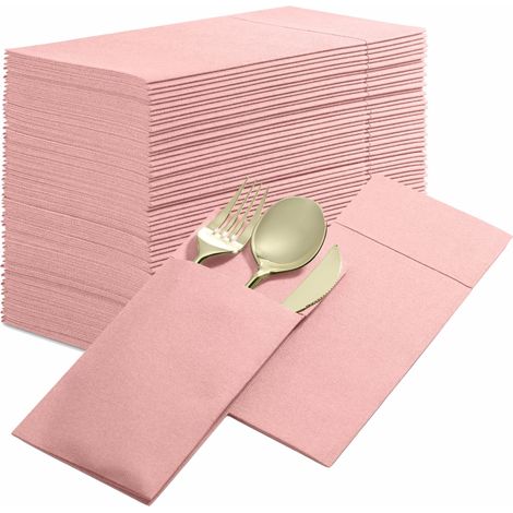 Lot de 50 serviettes jetables aspect lin avec poche à couverts intégrée - Rose - Prépliées - Serviettes en papier semblables au tissu - Pour dîners, mariages ou fêtes (couverts non inclus) (1/5)