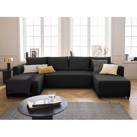 Bestmobilier – Canapé panoramique convertible 7 places – Coffre de rangement – Tissu noir – Design contemporain – Couchage 257x134cm (1/5)