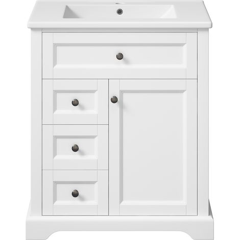 Meuble de salle de bain sur pieds blanc 76x46x87 cm avec vasque céramique, 2 tiroirs, portes et étagères (1/5)