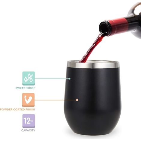 Lot de 2 verres à vin en inox 12 oz avec couvercle, gobelets isothermes sous vide (1/3)