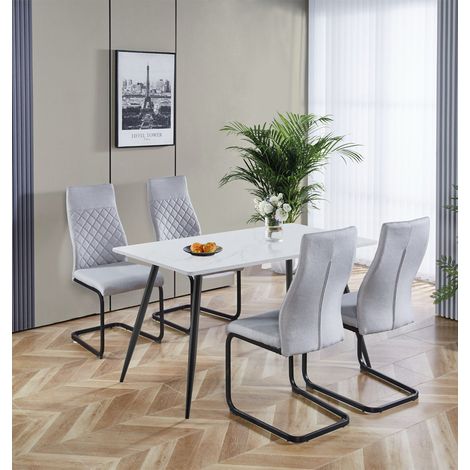 Hallowood Furniture Cullompton Dining Table and Chairs Set 4, White Marble Effect Top Small Rectangular Kitchen Table and Chairs in High Back, Grey Fabric Upholstery and Metal Legs for Home & Café