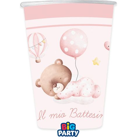 Big Party Bicchieri Carta Battesimo Bear 250 Cc Cf 6 Pz Rosa