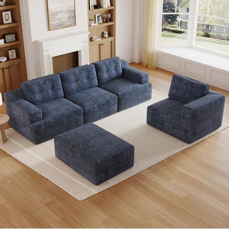 Canapé modulaire en U 252x180x82 cm bleu en chenille avec pouf et dossier ergonomique (1/5)