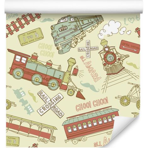 Papel pintado con estampado de locomotora vintage de estilo retro para salón y dormitorio, 50x1000 cm. (1/5)